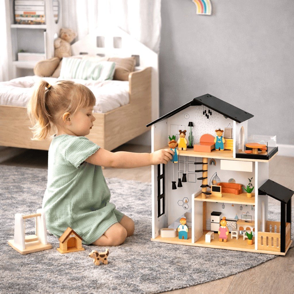 Dukkehus i træ i tre etager – med møbler - Littleroom dukkehus
