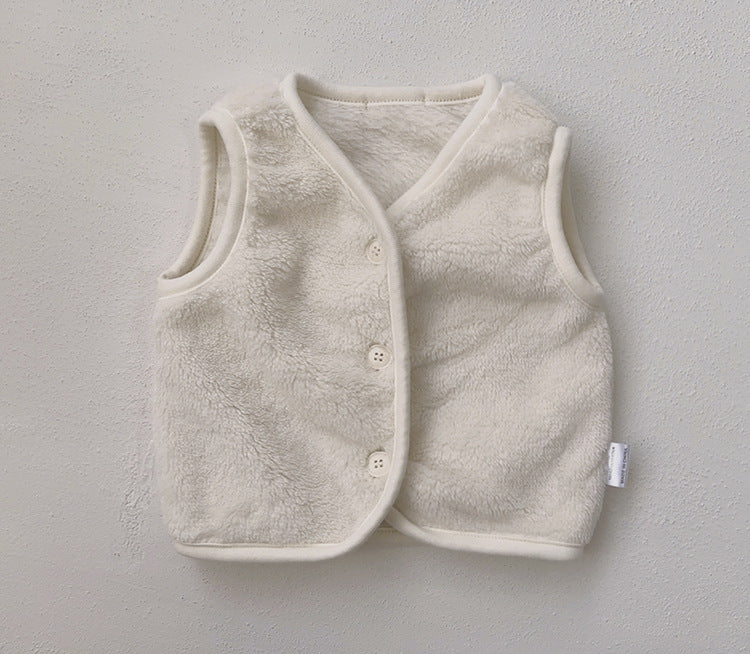 Baby Solid Color Plush Single Breasted Sleeveless Coat In Winter-4
