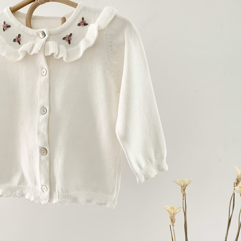 Baby Girl Floral Embroidered Pattern Single Breasted Design Knit Cardigan-6