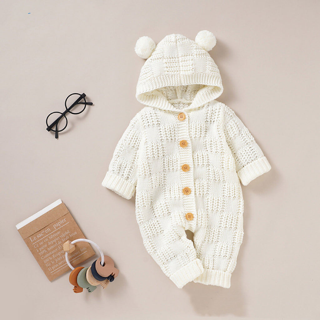 Baby Solid Color Small Ear Patched Design Thermal Romper-1