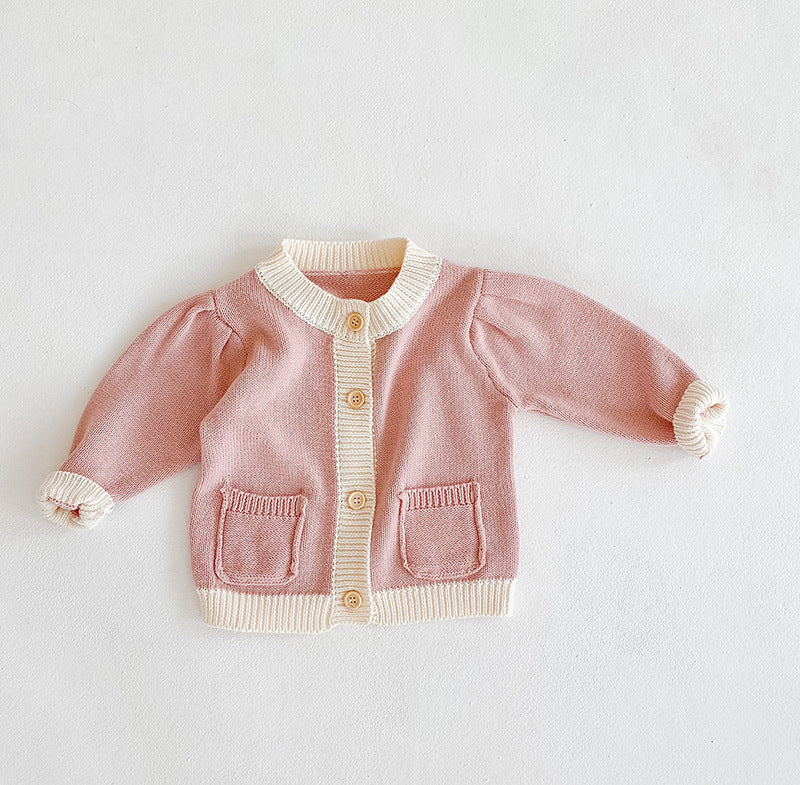 Baby Girl 1pcs Contrast Pattern Buttoned Front Puff Sleeve Knitted Cardigan-4