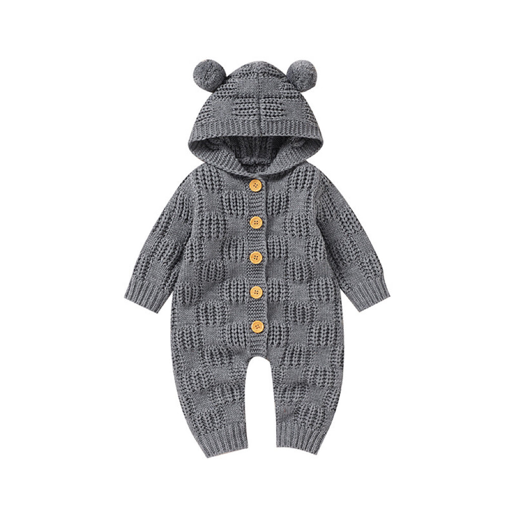 Baby Solid Color Small Ear Patched Design Thermal Romper-4