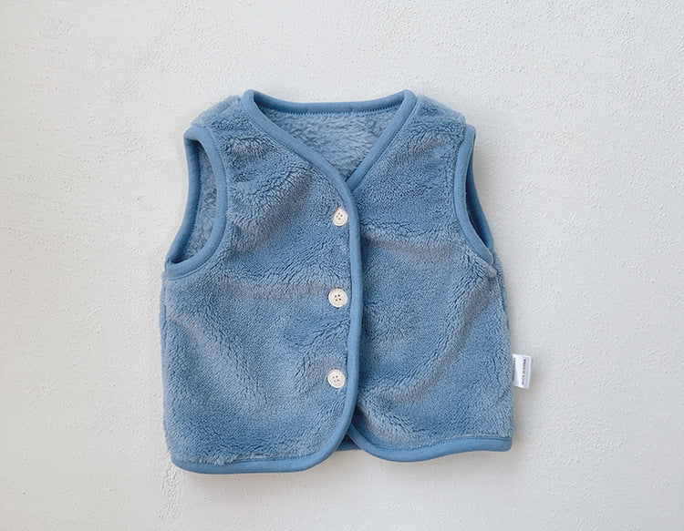 Baby Solid Color Plush Single Breasted Sleeveless Coat In Winter-5
