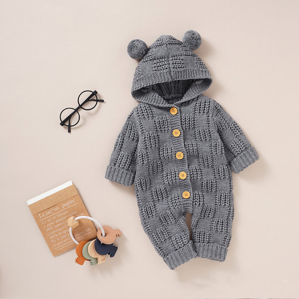 Baby Solid Color Small Ear Patched Design Thermal Romper-0