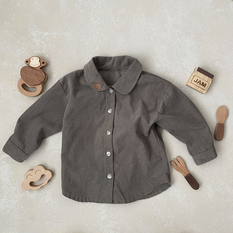 Baby Boy Solid Color Bear Patched Pattern Single Breasted Design Lapel Long Sleeves Shirt-6