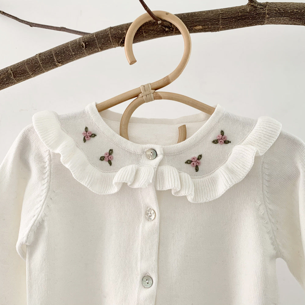 Baby Girl Floral Embroidered Pattern Single Breasted Design Knit Cardigan-5